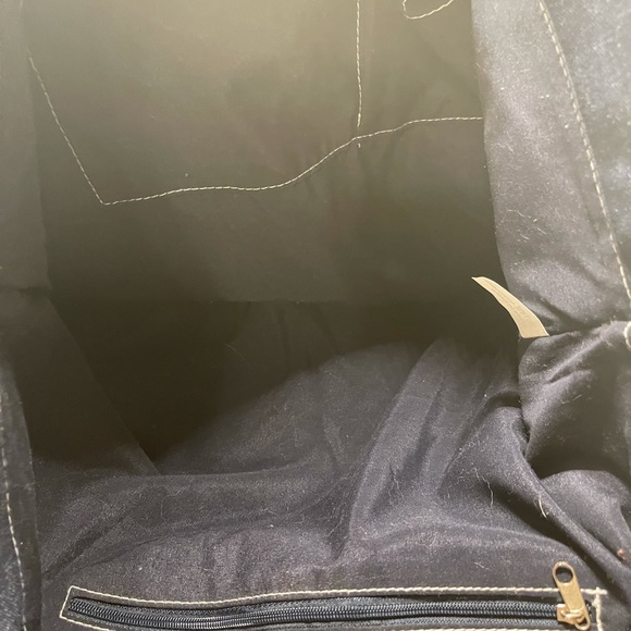 Blue Denim Tote Purse Bag Patchwork Flower Accent Silver Cross - Picture 6 of 7